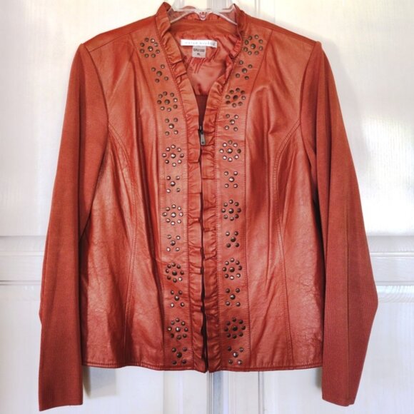 Peter Nygard Vintage 1/2 Leather 1/2 Sweater Zip Up Jacket in Burnt Orange Sz XL - Picture 1 of 8
